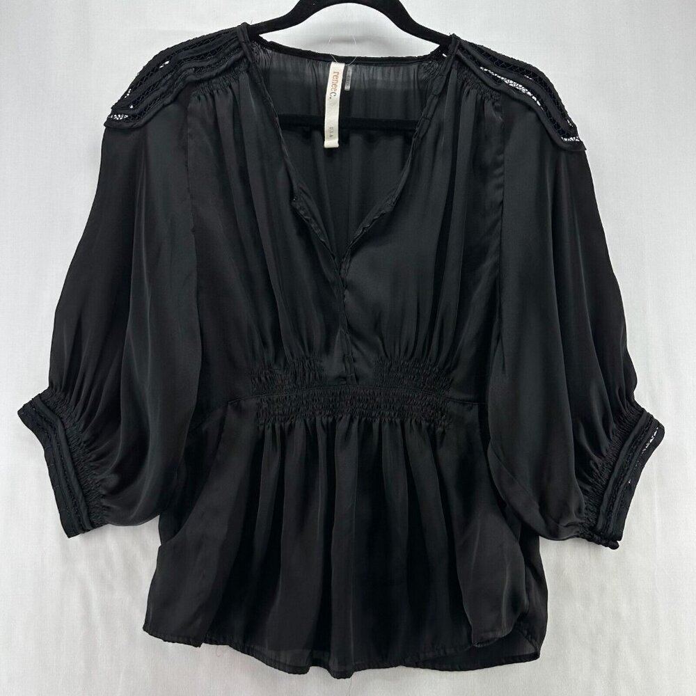 Renee C. Top Womens Size M Smocked Popover Blouse Lace Trim Balloon Sleeve Black - Picture 1 of 11